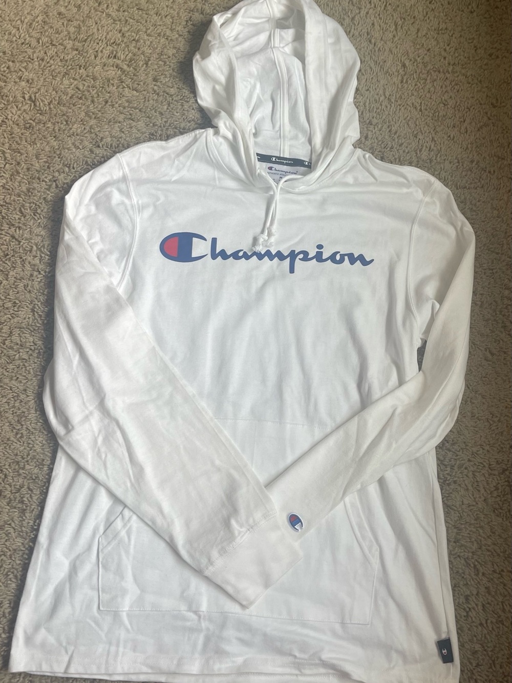 Champion White Hoodie with Blue and Red Logo Trim